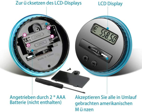 Säästöpossu laskurilla, elektroninen kolikkolaskuri, LCD-näyttö