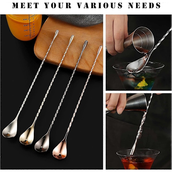 Cocktail-skje i rustfritt stål, langskaftet barskje med spiralmønster, profesjonelle cocktailrørepinner 30 cm 4 stk (4 farger)