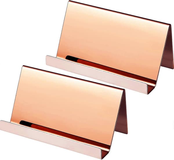 2-pack visitkortshållare i rostfritt stål, skrivbordskorthållare, visitkortsställ (roséguld)