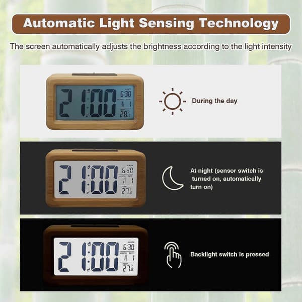 Digitalt vækkeur i træ, stort LED-display, 12/24 timers display, smart sensor natlys