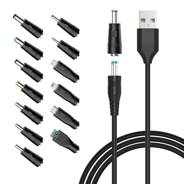 Powseed 5V universell DC-strømkabel, USB til DC-ladekabel med 13 adapterplugger for webkamera-ruter, opptaker, Bluetooth-høyttaler, skanner, DVR, Ha