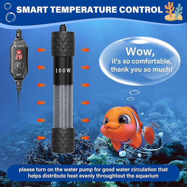Akvarievarmer 100W, lille varmer med digitalt display, tørløbs-/overophedningsbeskyttelse, ekstern temperaturregulator til 50L tank