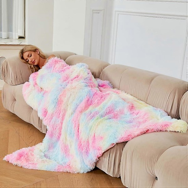 Sød plaid, 160x200cm regnbue plaid, blød, fluffy og varm imiteret pels vendbar plaid sofa plaid stue plaid, 200*230cm