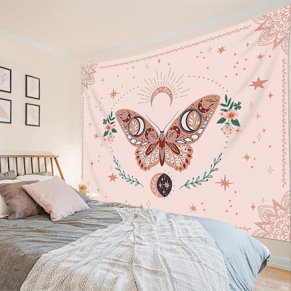 Rosa Blommig Växt Botanisk Böhmen Mandala Trippy Stjärna Måne Tapestry för Sovrum 235B x 180H cm