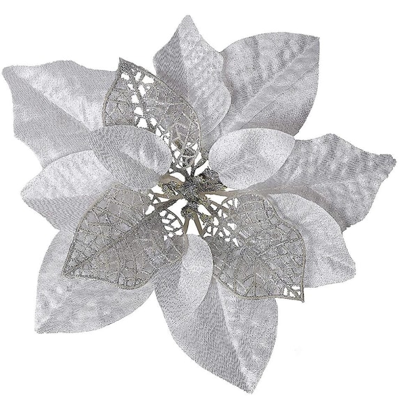 Artificiell julstjärna blommor glitter 8.7I julgransprydnader Silver stil1 15 stycken