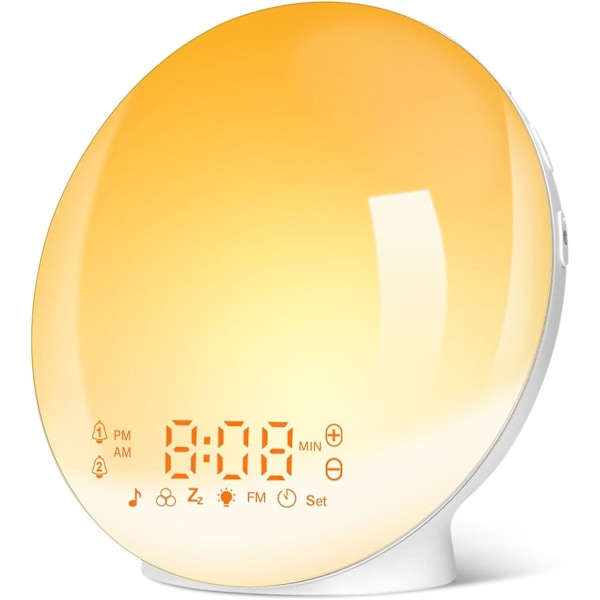 Wake-up Light LED Radio Lys Morgen Vekkerklokke Nattbordslampe 20 Lysstyrkenivåer Daggry og Skumring Simulator 2 Vekkerklokker 7 Naturlige Lyder Snooze Fu