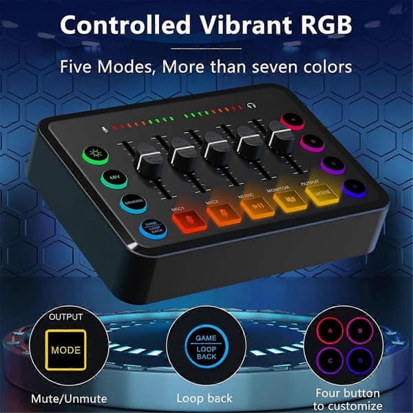 Gaming Audio Mixer, Streaming RGB PC Mixer med XLR Mikrofoninterface, Lydstyrkefader, 48V Phantom Power til Podcast