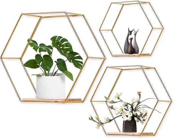 Hexagon Väggmonterade Metall- och Trähyllor Set om 3 - Köks Hylla, Badrum, Sovrum, Väggdekor (Guld)