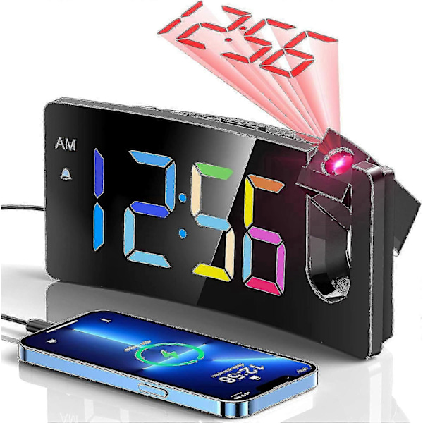 (Färgglad Digital röd Projektion) Projektionsväckarklocka, Digital klocka med 180° roterbar projektor, 3 nivåer ljusstyrka dimmer, YH