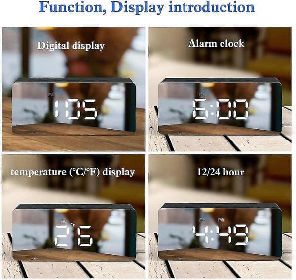Spegellarmklocka LED digital klocka med temperatur och datumkalender, röststyrning nattläge