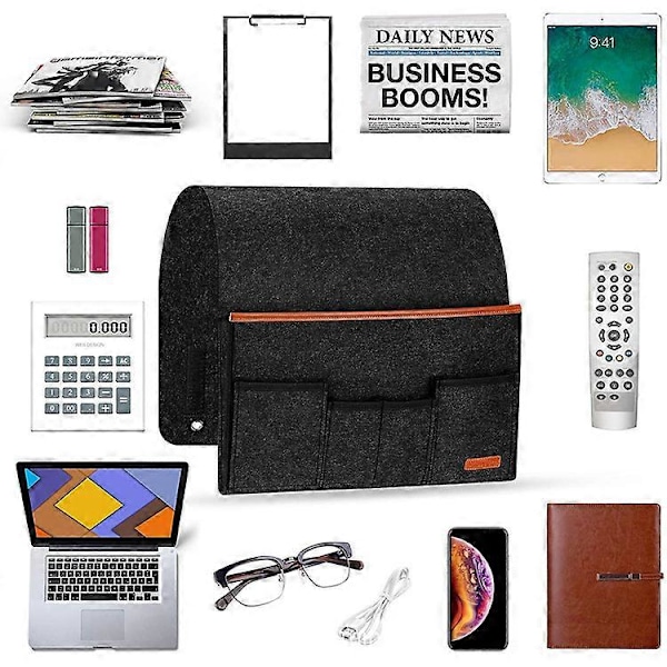 Fåtölj Armstödsficka, Hängande Stol Caddy Organizer i Filt, Soffa Fjärrkontrollhållare med 5 Fickor för Telefon, iPad, Tidningar, Glasögon, Kablar