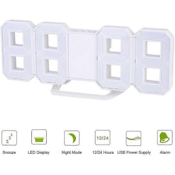 3D LED Digital Veggklokke, Vekkerklokke for Soverom og Skrivebord, 21.5 x 8.8 cm