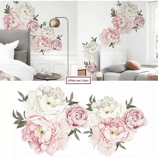 PÆON vægstickers (54x53 cm) I selvklæbende vægsticker pink hvide blomster romantiske planter blade I Indretning til stue soveværelse køkken entre