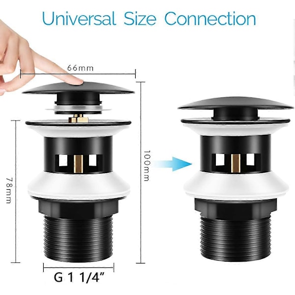 Afløbsventil til håndvask med overløb, mat sort, Chonphan Universal G1 1/4\" messing pop-up afløbsventil til håndvask