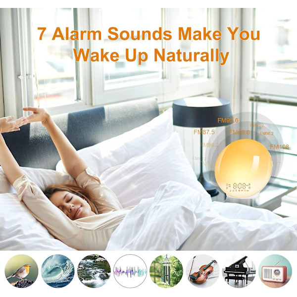 Wake-up Light LED Radio Lys Morgen Vekkerklokke Nattbordslampe 20 Lysstyrkenivåer Daggry og Skumring Simulator 2 Vekkerklokker 7 Naturlige Lyder Snooze Fu