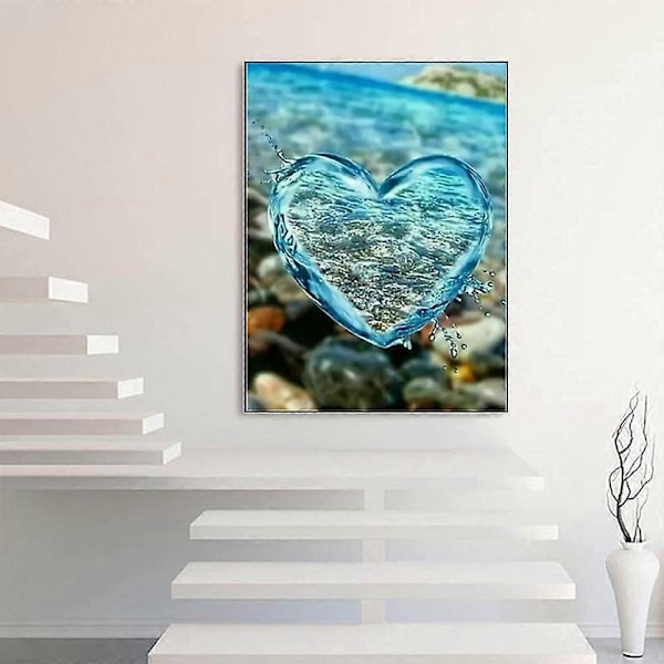 Diamantmaleri, Hjerter Kjærlighet Med Hjerter, Blå, Runde Steiner, Ca. 40x30cm, Fullt Bilde, Egnet For Nybegynnere