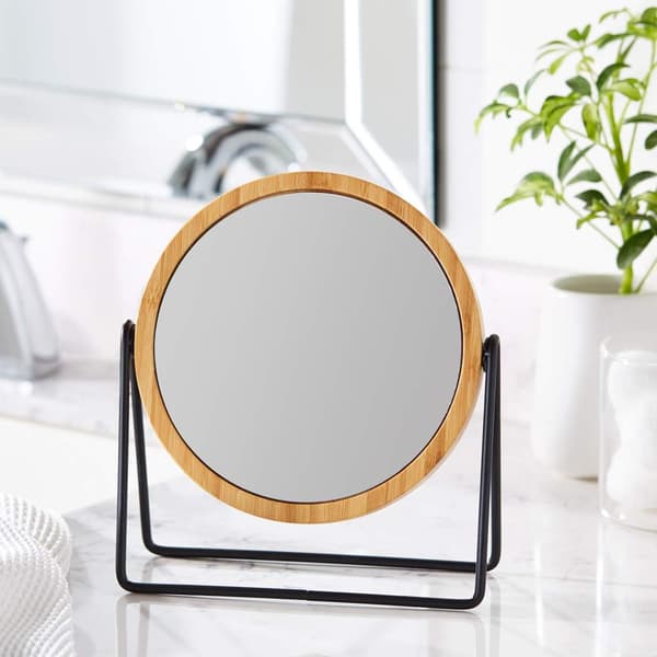 Amazon Basics rundt sminkespeil med bambuskant, forstørrelse, bordmontering, svart, 7,2\"L x 2,87\"B