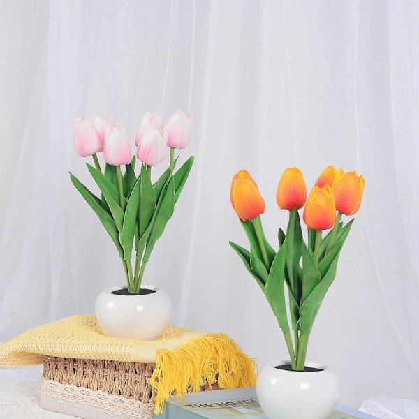 Bordlampe LED Tulip Lampe Kunstig Blomst Liten Nattlampe for Soverom Nattbordslampe
