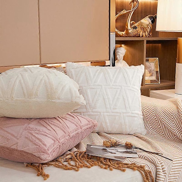 6 st Beige Mjuka Plysch Ulliga Korta Sammet Dekorativa Kuddfodral Lyxig Stil för Soffa Sovrum Vit 45 x 45 cm