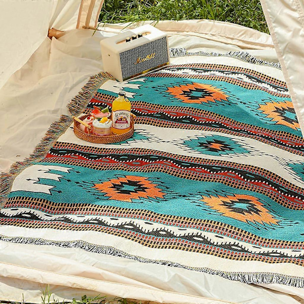 (S) Boho Sofatæppe Aztec Etnisk Stil Vendbart Sofatæppe til Hjemmekontor Rejser Camping