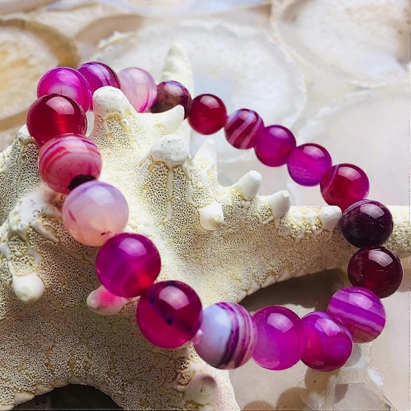 Fuchsia Stribet Agat Armbånd Glat Rund Størrelse 8mm 7,5\" længde