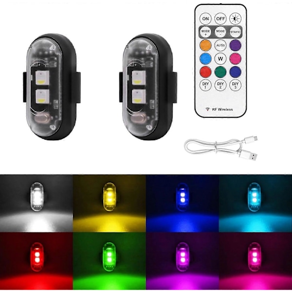 Trådløse LED-strobelys med fjernkontroll, vanntette LED-varsellys, 8 farger USB-lading for bil motorsykkel 2 stk