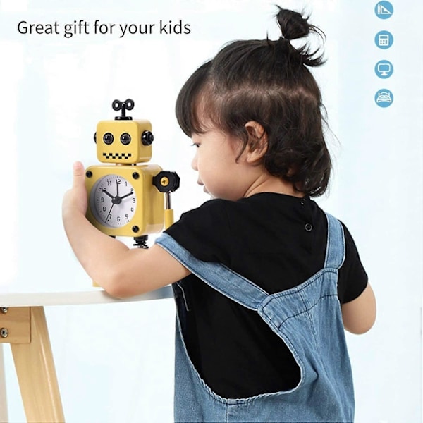Gul Robot Väckarklocka, Tyst Väckarklocka i Rostfritt Stål med Blinkande Lysande Ögon och Roterande Arm, Barnpresent