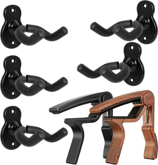 Gitarr Väggfäste 5-pack Väggupphängare, Gitarr, 2-pack Svart och Rosenträ