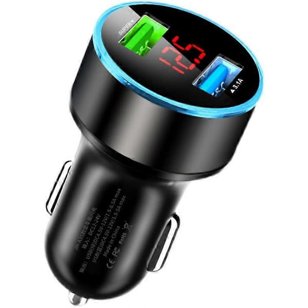 USB-billaddare, LED-display Bilspänningsdetektor 5V/3.1A Dubbla USB-portar Metall Billaddaradapter för IPhone IPa