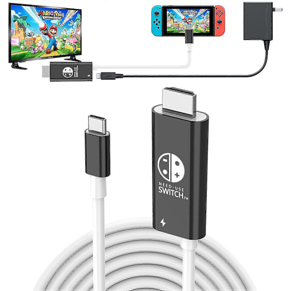 USB C - HDMI -kaapeli Nintendo Switchille/OLEDille, 3 in 1 -kaapeli 100 W PD:llä ja 4K HDMI:llä, tukee TV:tä/Steam Deckiä/kannettavaa tietokonetta/PC:tä, 2 m mustavalkoinen