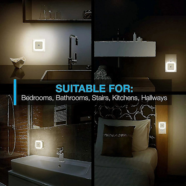 WABJTAM LED Nattlampe Plug-in [6 Pakning] Smart Skumring til Daggry Sensor, Automatiske Nattlamper, Egnet for Soverom, Bad, Toalett, Trapper, Kjøkken, H