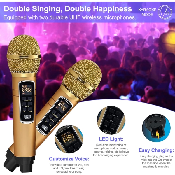 Karaokemaskin Bluetooth högtalare med 2 trådlösa mikrofoner Guld