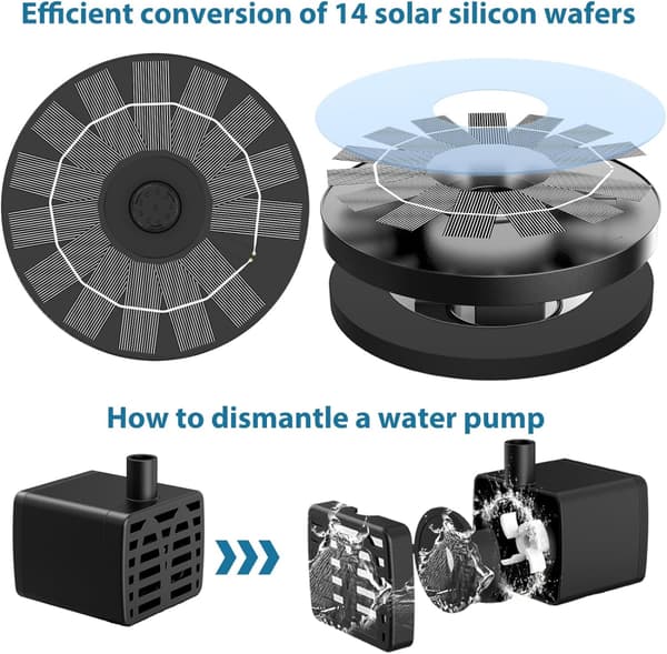 Solfontæne, 1,4W Solardamspumpe med 4 effekter | Maksimal 70 cm høj solvandspumpe | Solcelle flydende fontænepumpe LTV