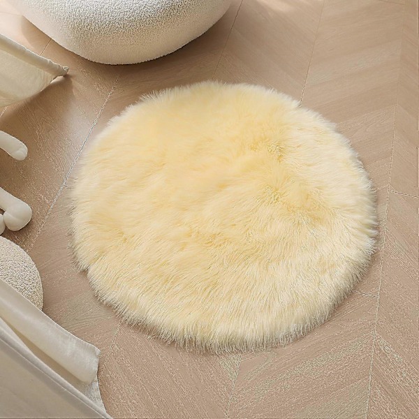 Rund Fuskpälsmatta, Fårskinnsimitation, Fluffig Golvmatta, för Sovrum Vardagsrum, Ljusgul - 50 cm Diameter