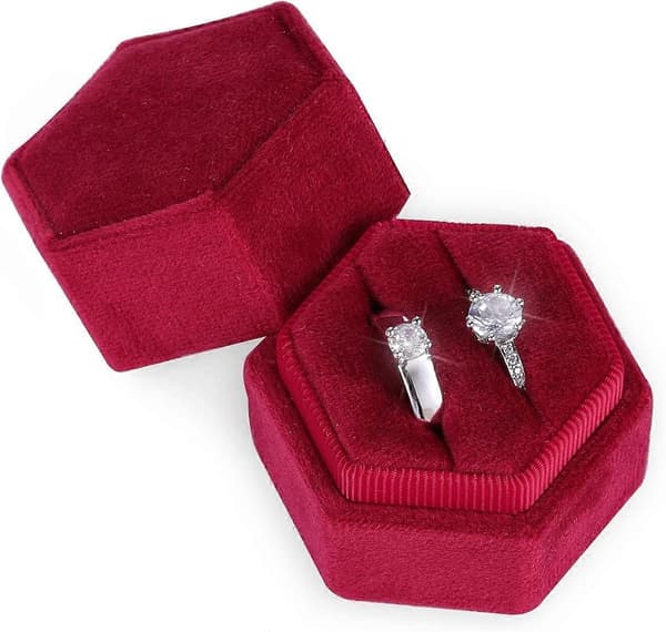 Fløjls Ringæske, til Smykker Dobbelt Slots Hexagon Ringæske til Forlovelse Bryllupsceremoni Valentinsdag Holder 2 Ringe (Vinrød)