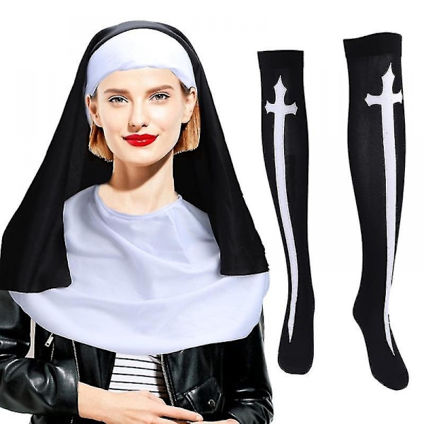 4 stk. Nonne-sett for kvinner med hodeplagg, krage, kors og sokker [HsSs]