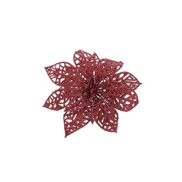 24 røde julestjerner med glitter, juletrepynt, juleblomster, julebordpynt, jul