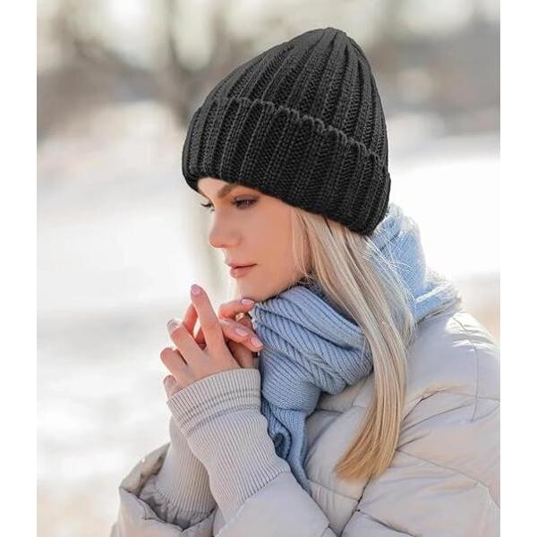 Vinterhue til kvinder, termisk slouchy elastisk strikket fleeceforet hue
