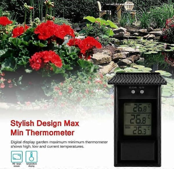 Digitalt drivhustermometer, vanntett minimum oppløsning 0.1C, temperaturområde -20 - 50C, veggmontert batteri