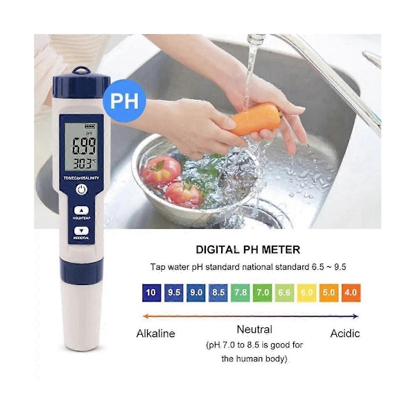 5 i 1 TDS/EC/PH/Salinitet/Temperaturmåler Digital Vannkvalitetsmonitor Tester for Bassenger, Drikkevann