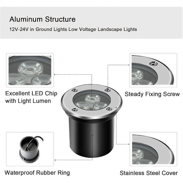3W LED Markbelysning, 12V 24V P67 Vattentät Lågspänningslandskapsbelysning för Trädgård, Uteplats, Trappor, Gångväg, Uppfart