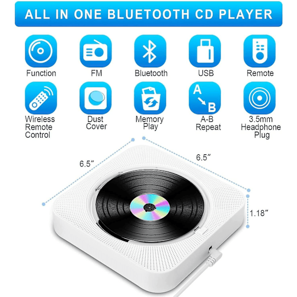 Amlior Bluetooth CD-soitin pölysuojalla ja LED-näytöllä | 3,5 mm:n Aux-liitäntä kaukosäätimellä Audio Radio Fm Mp3