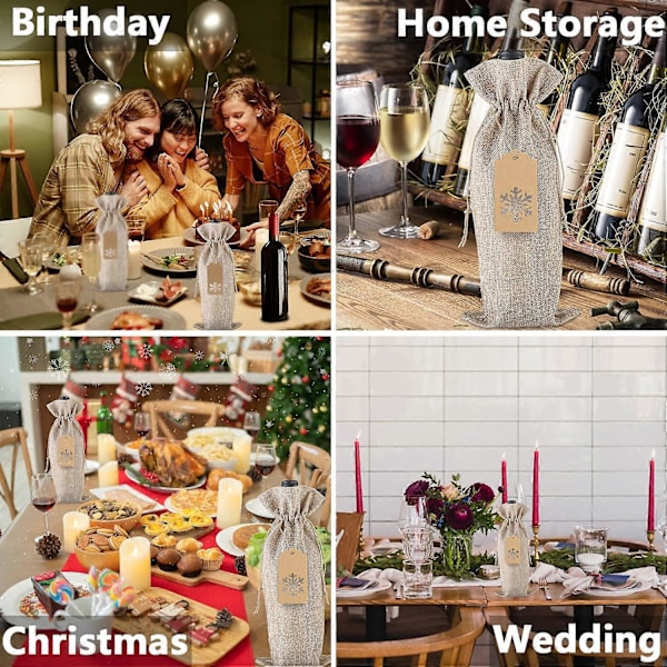 En uppsättning med 12 presentpåsar i juteväv med dragsko för vinflaskor, etiketter och dragsko för jul, bröllop, resor, födelsedagar, semesterfester