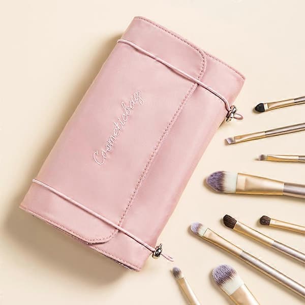 Makeup Børste Opbevaringspose, 2 i 1 Multifunktionel Lomme til Rejser, Forretning og Daglig Brug - Pink