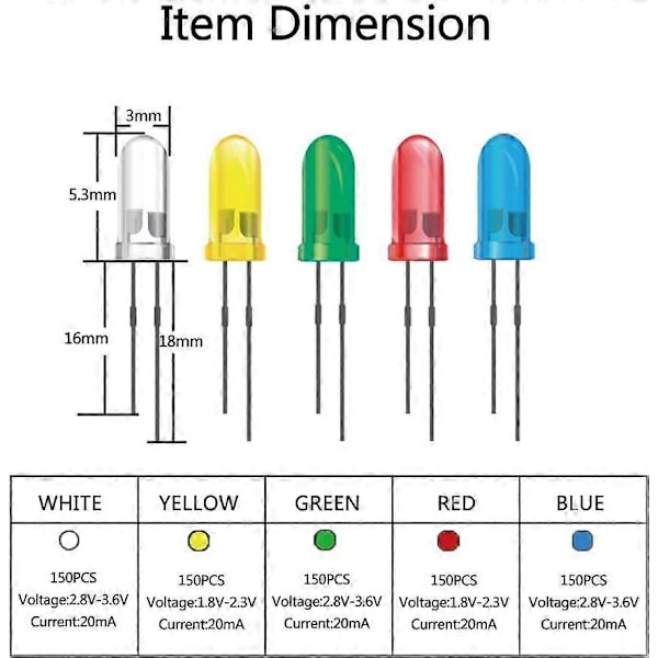 750 kpl LED-valodiodivalikoima, matalajännitteinen, diffuusi, DIY PCB-piirilevyjen merkkivaloihin, 3 mm