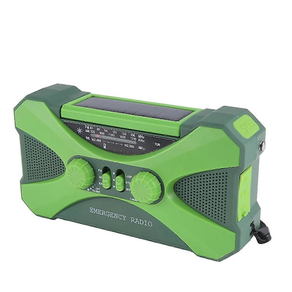 10000MAh Nødradio, Solcelle Håndsveiv med Lader, LED Grønn