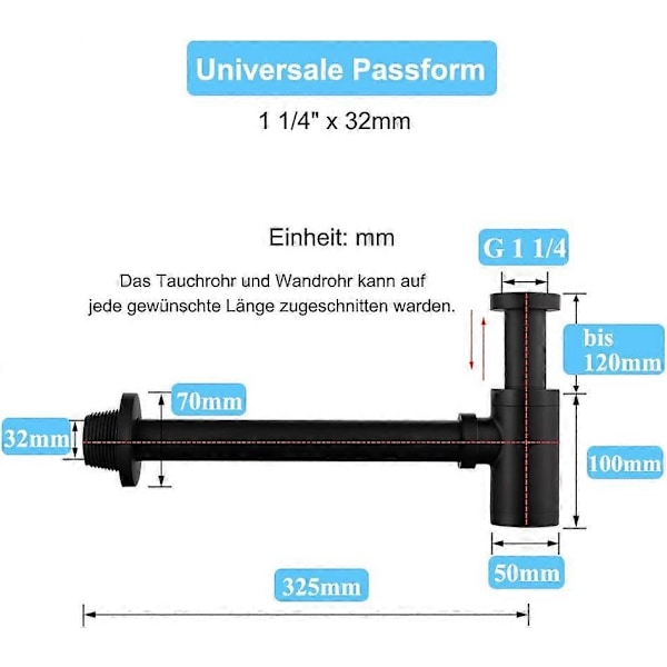 Messing Vaskesifon, Universel Sifondesign 1 1/4 x 32mm, Justerbar Anti Lugt, Mat Sort