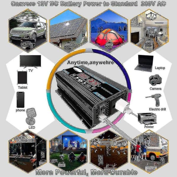 4000w 12v 220v/110v LED AC Bil Strømomformer Omformer Lader Adapter Inversor Dobbel USB Transformator