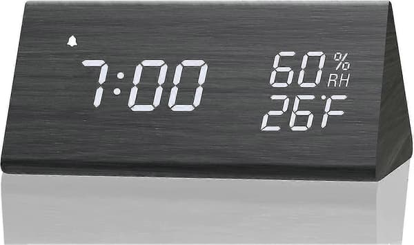 Digital väckarklocka, med elektronisk LED-tidsvisning i trä, 3 larminställningar