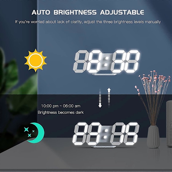 Valkoinen 3D LED digitaalinen seinäkello Suuri valoisa herätyskello Hiljainen torkkutoiminto Säädettävä kirkkaus 12/24 tunnin päivämäärä/lämpötilanäyttö toimistoon